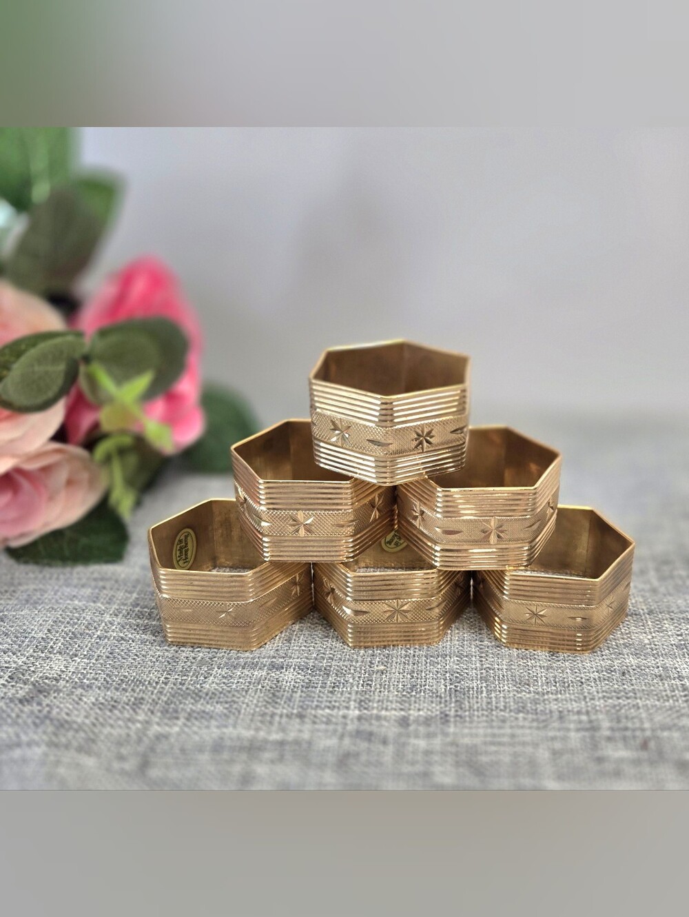 Vintage Brass Hexagon Napkin Rings Set of 6 MCM Geometric Starburst Hong Kong